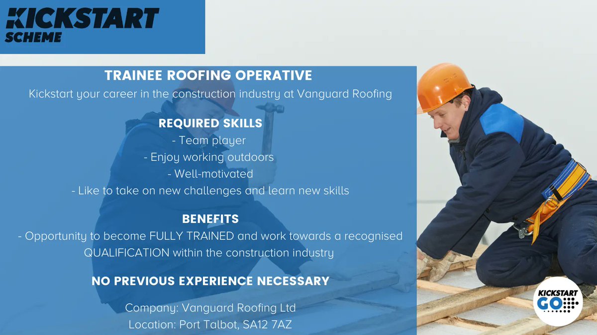 16 -24 year olds #Kickstart your career in #construction 🛠 

<a href="/VanGuardRoof_/">Vanguard Roofing & Cladding</a> are looking for a motivated, team player to join their team

buff.ly/3HmOCbs

Talk to your Work Coach to find out more and apply.

<a href="/JCPinSwanseaBay/">JCP in Swansea Bay</a> #porttalbot #porttalbotjobs