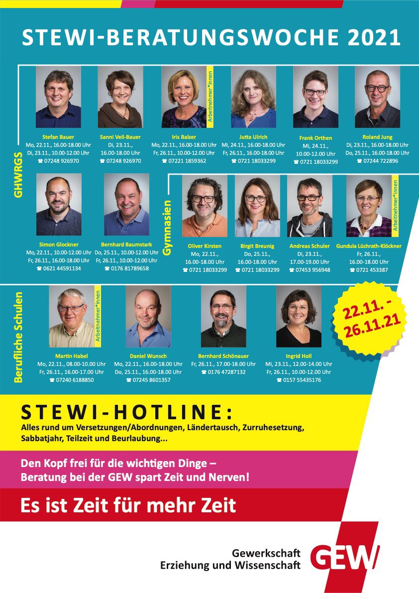 GEWNordbaden's tweet photo. Versetzung? Abordnung? Bis zum 1. Schultag nach den Weihnachtsferien müssen in #EduBW die sog. stellenwirksamen Änderungsanträge #STEWI gestellt werden. Fragen zur Antragstellung beantworten vom 22.11. bis 26.11.2021 GEW-Expert:innen aus der #GEW Nordbaden @GEW_BW_Presse https://t.co/5su4hEpHs8