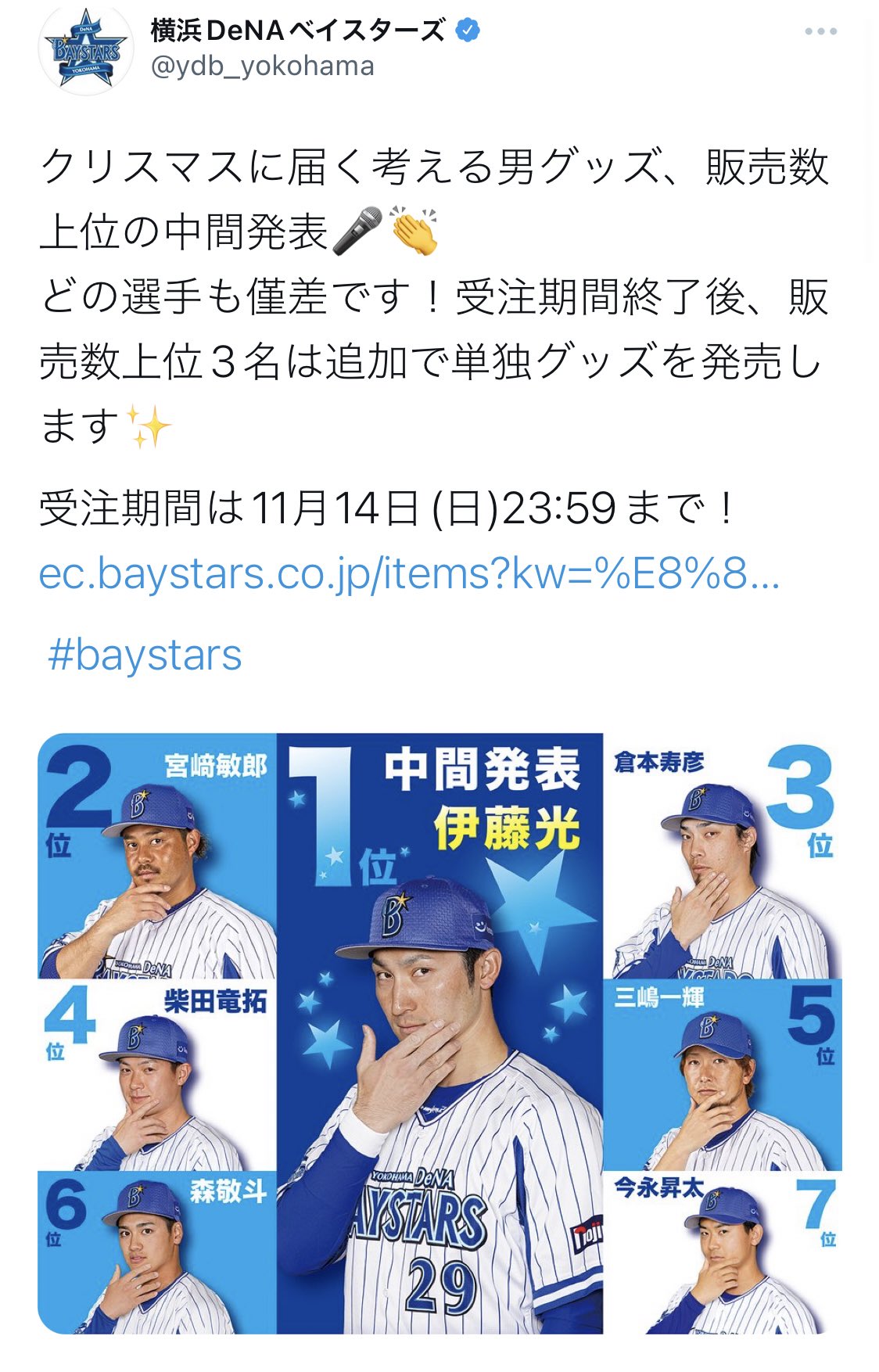 横浜denaベイスターズ クリスマスに届く考える男グッズ 販売数上位の最終結果発表 ご注文いただいた皆さま ありがとうございました Db スターマンは惜しくも4位 単独グッズになるのはこの3選手です 発売をお楽しみに Baystars T Co