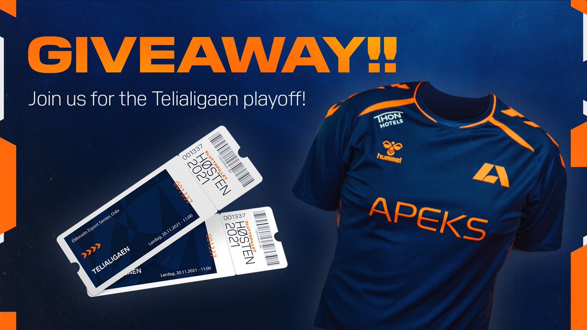 [NOR] 

Hei dere!! 
Lyst til å vinne den offisielle Apeks drakta og to billetter til sluttspillet i Telialigaen på lørdag?? 🤩🙌🏼

Like og retweet - så trekker vi en vinner i løpet av dagen 💯💙🧡

#ChangingTheGame