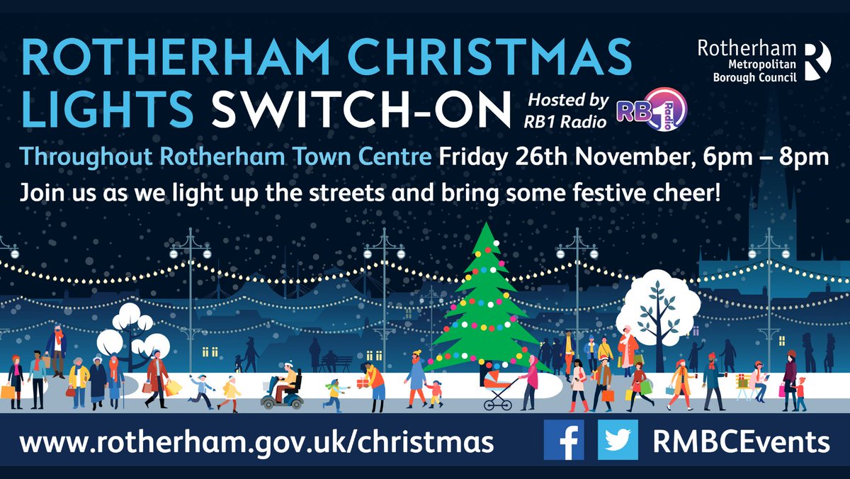 Rotherham Christmas Lights Switch-On! 
Head into Rotherham's town centre on Friday 26 November for some festive fun! Activities begin from 6pm, including several festive stalls, and finally the light switch on at 8pm! More information is available here - bit.ly/3ntCIVo