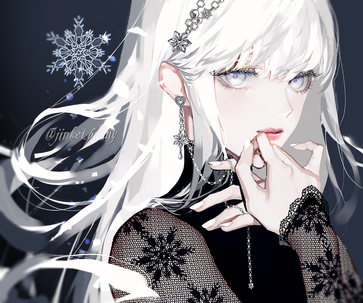 1girl solo jewelry long hair earrings white hair looking at viewer  illustration images