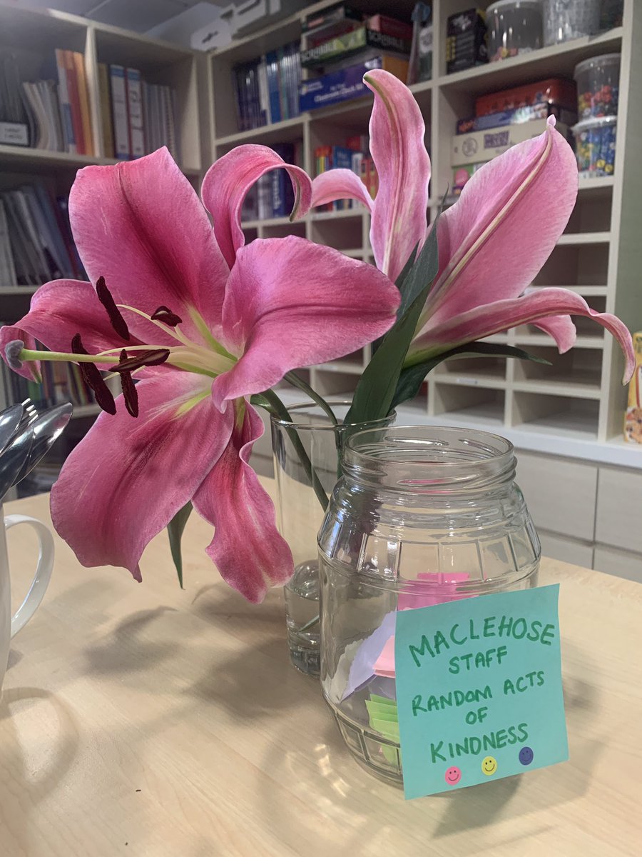 Maclehose's tweet photo. A powerful assembly by @Hayley_A_Wilson this morning! We are looking forward to spreading more kindness as the year progresses with our staff kindness jar! (And thank you to the lovely person who brightened the office with these flowers) 😊 https://t.co/K2hesYZHTn