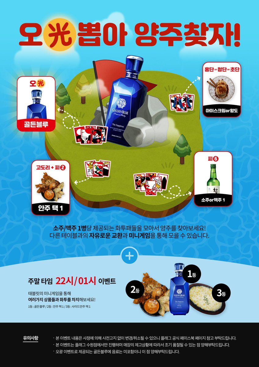 flagfriends's tweet photo. [수원 플래그]
안녕하세요! 플래그 수원점 입니다.

이번에 플래그 수원점에서 재밌는 이벤트를 준비해왔습니다 😆😆

🎴오광 : 골든블루小
🎴고도리 + 피2 or 삼광 + 피2 : 안주 택 1
🎴홍단or청단or초단 : 아이스크림or황도 
🎴피 6 : 소주or맥주 1

소화투패들을 모아서 양주를 찾아보세요~! https://t.co/ZXzZZsQlpm