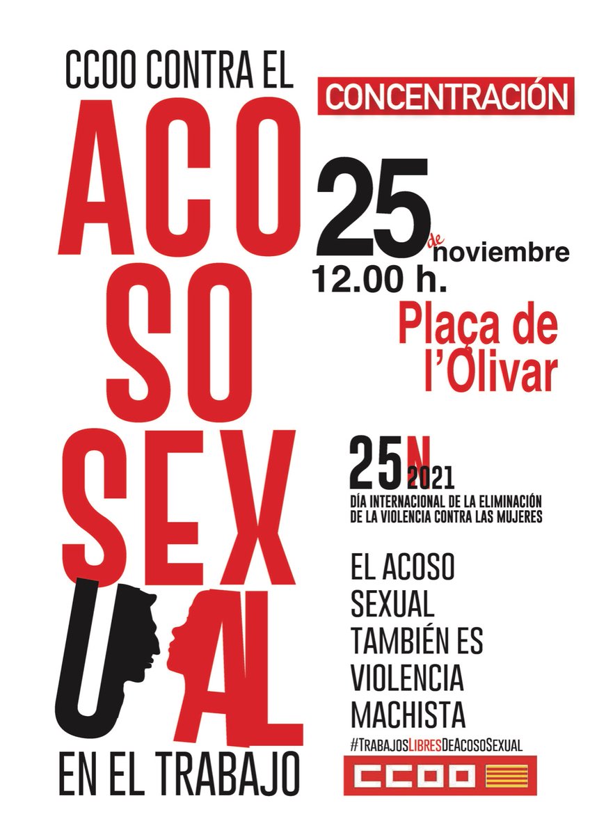 CCOOBalears's tweet photo. 🟣Concentració 
🗓25 Noviembre 2021 
 ⏱12:00 h.
📍Plaça de l'Olivar

Dia internacional contra 
la violencia a les dones

@CCOO CONTRA L'ASSETJAMENT SEXUAL EN EL TREBALL https://t.co/bkWLNTihFt