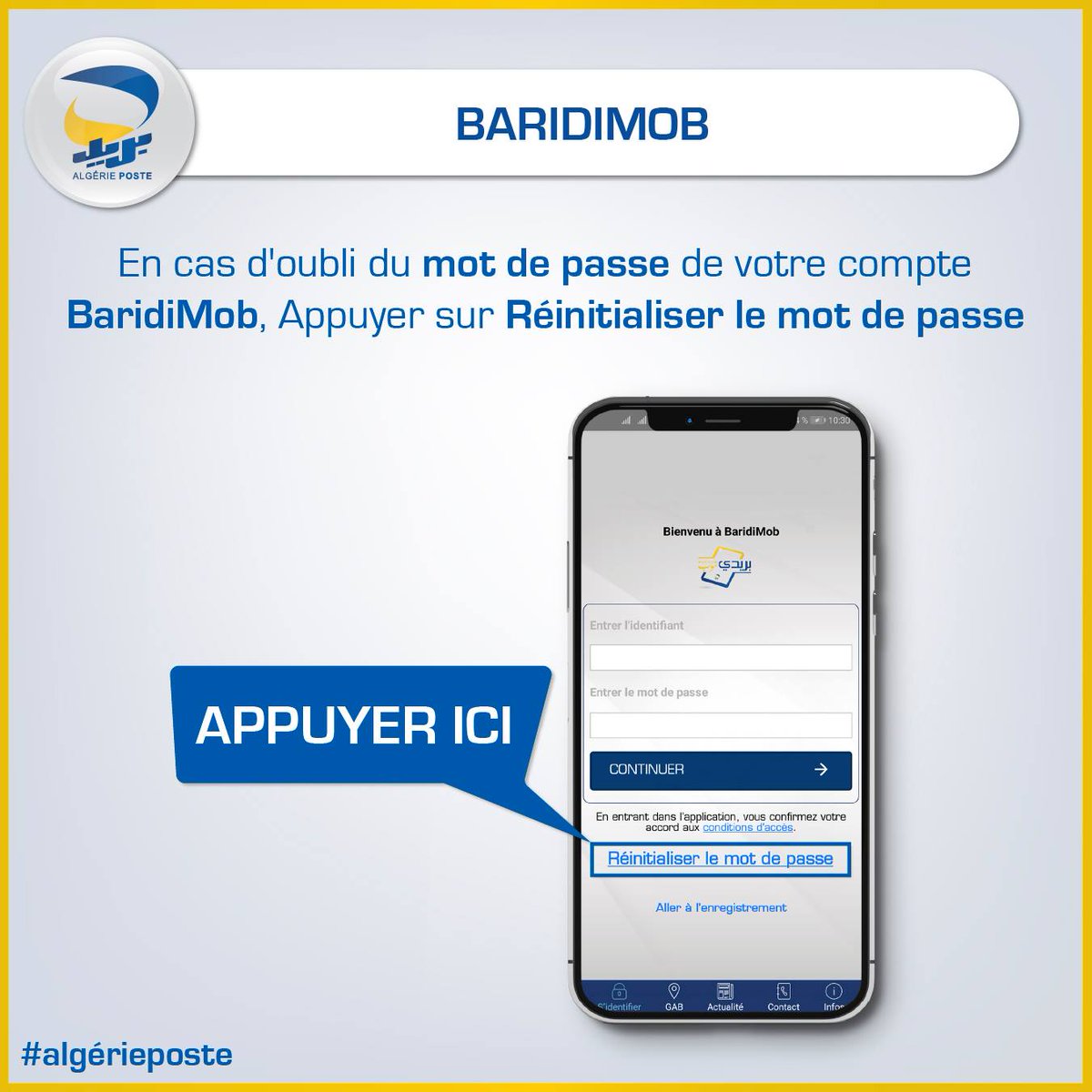 postedz's tweet photo. #BaridiMob
Vous pouvez réinitialiser le mot de passe de BaridiMob 📲 depuis l'application en cliquant sur "Réinitialiser le mot de passe"
Pour plus d’informations cliquez sur le lien suivant: https://t.co/J4RkLEN4P1
#baridiweb #Algérie_poste #mot_de_passe #réinitialisation https://t.co/VfKWGLeQMs