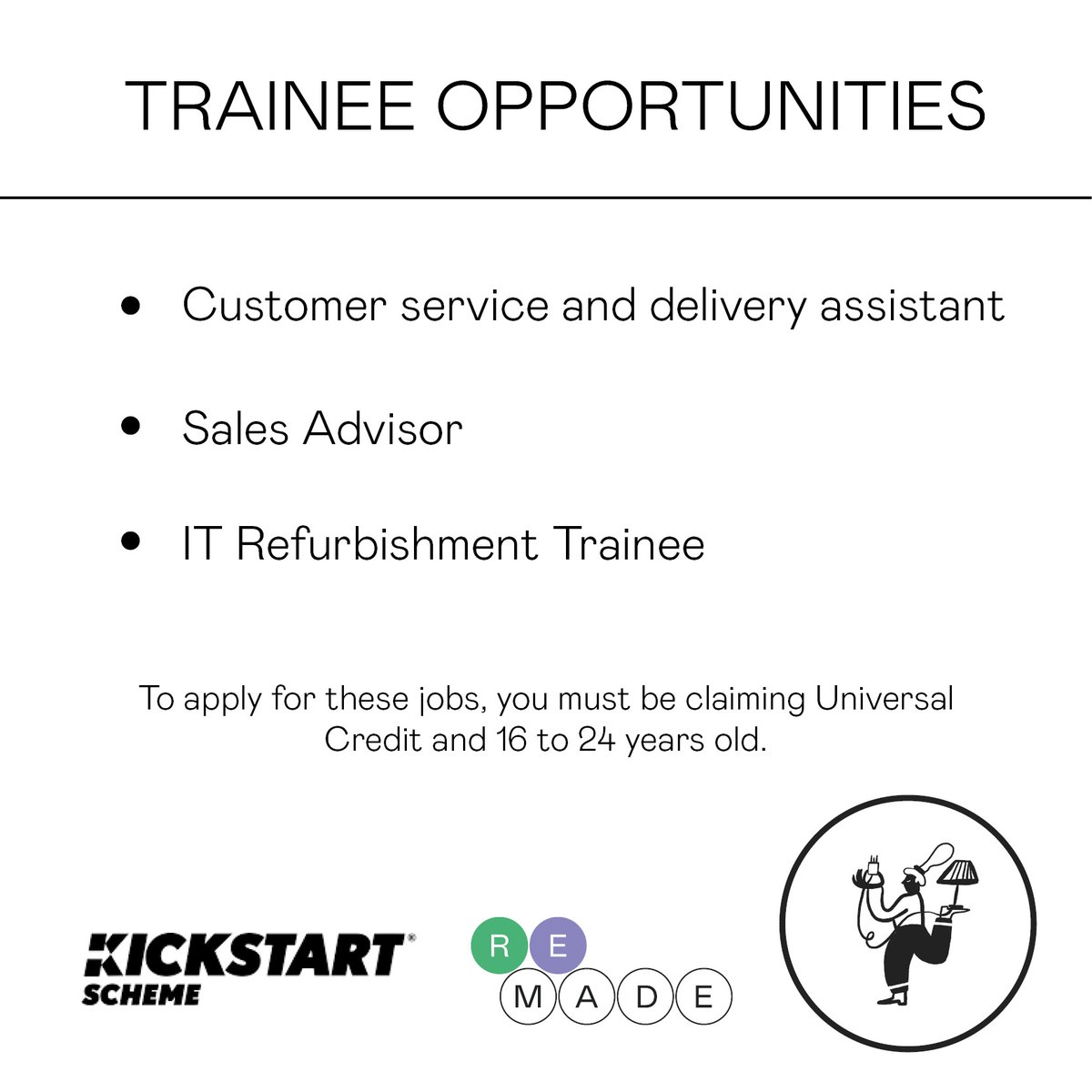 remadenetwork's tweet photo. Come and work with us!

We're looking for some amazing new trainees to help us build a repair economy ✊

Applicants must be currently claiming #UniversalCredit and 16-24 years old to apply.

Check out our roles here;

https://t.co/EpzDCgWkE4

#Glasgow #Job #Govanhill https://t.co/gUGcELWs4A