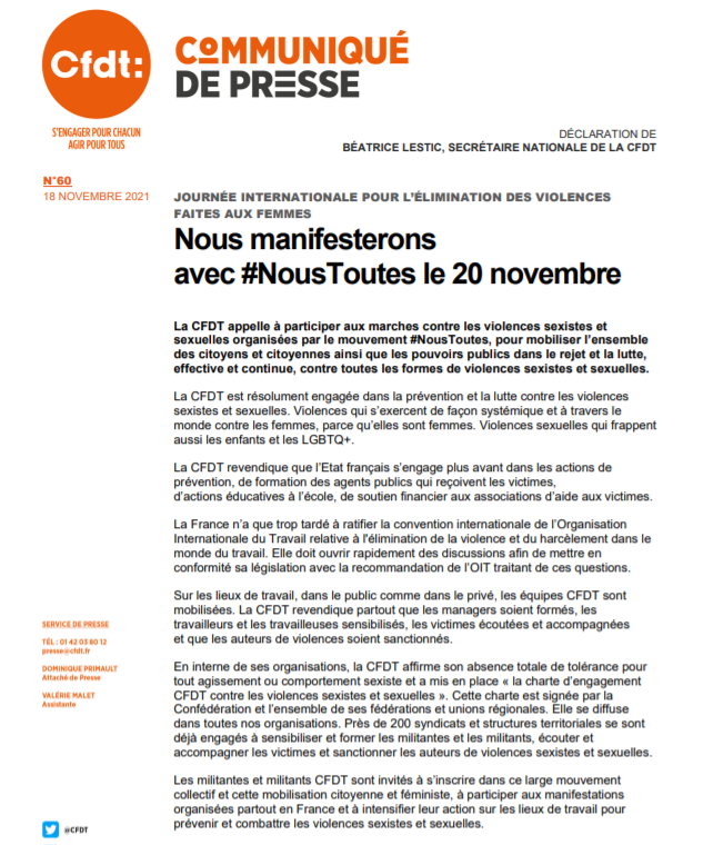 CFDT's tweet photo. || COMMUNIQUÉ DE PRESSE || La CFDT appelle à participer aux marches contre les #violences sexistes et sexuelles organisées par #NousToutes, pour mobiliser l’ensemble des citoyens et citoyennes ainsi que les pouvoirs publics https://t.co/cBAemRwjCU cc @NousToutesOrg https://t.co/gsbCggO6AY