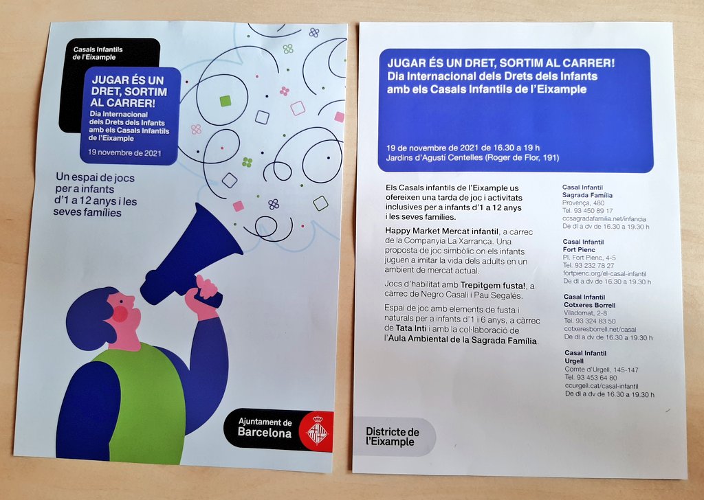 JUGAR ÉS UN DRET!
Demà, els Casals Infantils de l'#Eixample celebren el Dia Internacional dels Drets dels Infants sortint a jugar al carrer!

👶👦 d'1 a 12 anys i les seves famílies
⏰ 16:30 a 19h
📍 Jardins Agustí Centelles (int. illa Palau Macaya)