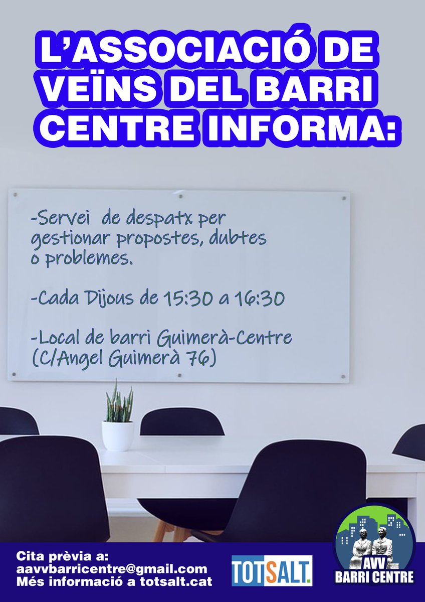 BarriCentreSalt's tweet photo. Cada dijous servei de despatx al local de barri Guimerà-Centre. De 15:30 a 16:30. @ViladeSalt @RdioSalt @TotSalt https://t.co/e7THXDnErc