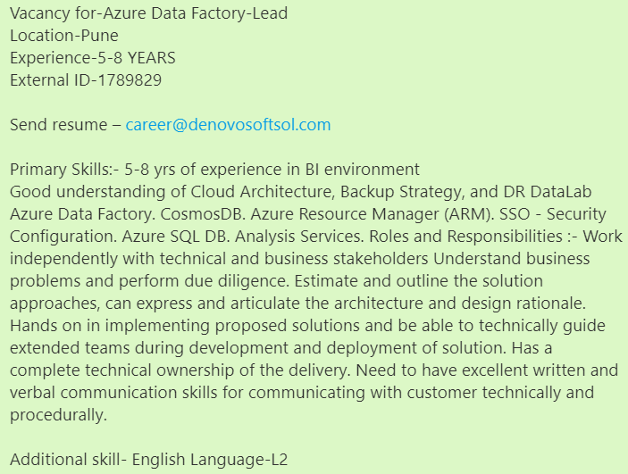 denovosoftsol's tweet photo. #denovojobs #denovo
Vacancy for-Azure Data Factory-Lead
Location-Pune
Experience-5-8 YEARS
External ID-1789829

Send resume – career@denovosoftsol.com
#azure #cloud #developer #engineeringjob #azuredatafactory #developerjob #programming #programmingexperience https://t.co/LlEc2jfaRh