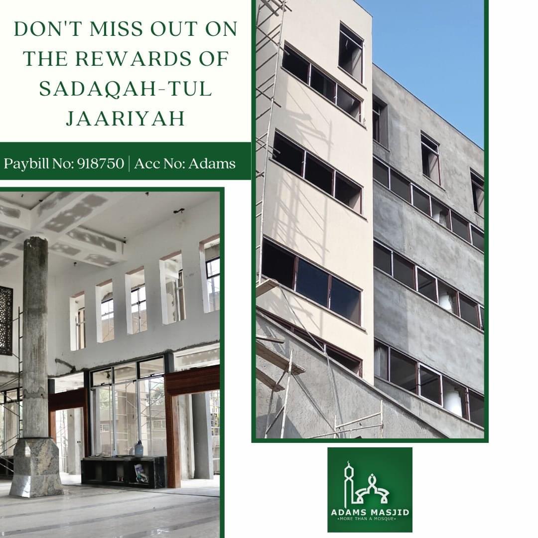 AdamsMasjid's tweet photo. Adams Masjid &amp; Islamic Centre is scheduled to officially re-open soon. 
Kindly donate as lows as KSHS 200 today towards the final stages of the Masjid and gain the rewards of Sadaqah Tul Jaariyah. #Alhamdulillah #Namaz #Rasulullah https://t.co/OtmdlgmSpr