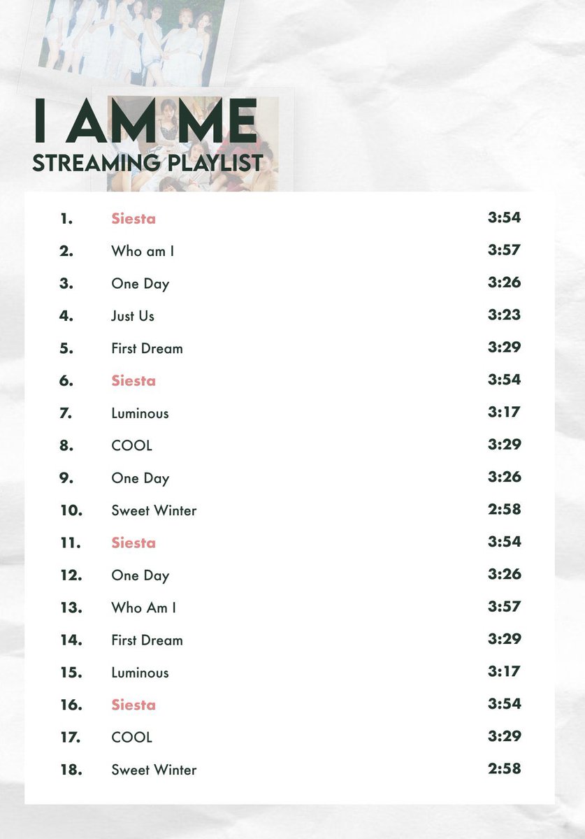 🌟 Weki Meki #I_AM_ME streaming list 🌟

Ki-Lings! If you have access to Korean music platforms and have a streaming pass, you can stream according to this suggested list!
#WekiMeki #위키미키 #WekiMeki_Siesta #시에스타