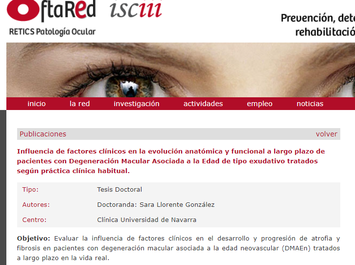 RETICSEYE's tweet photo. 🎓Sara Llorente defendió su trabajo de tesis titulado: "Influencia de factores clínicos en la evolución anatómica y funcional a largo plazo de pacientes con DMAE...", dirigido por investigadores del G16-Navarra.
🎊¡Desde OFTARED damos la enhorabuena a la Dra. Llorente!🎊 https://t.co/zoMBIDWmWS