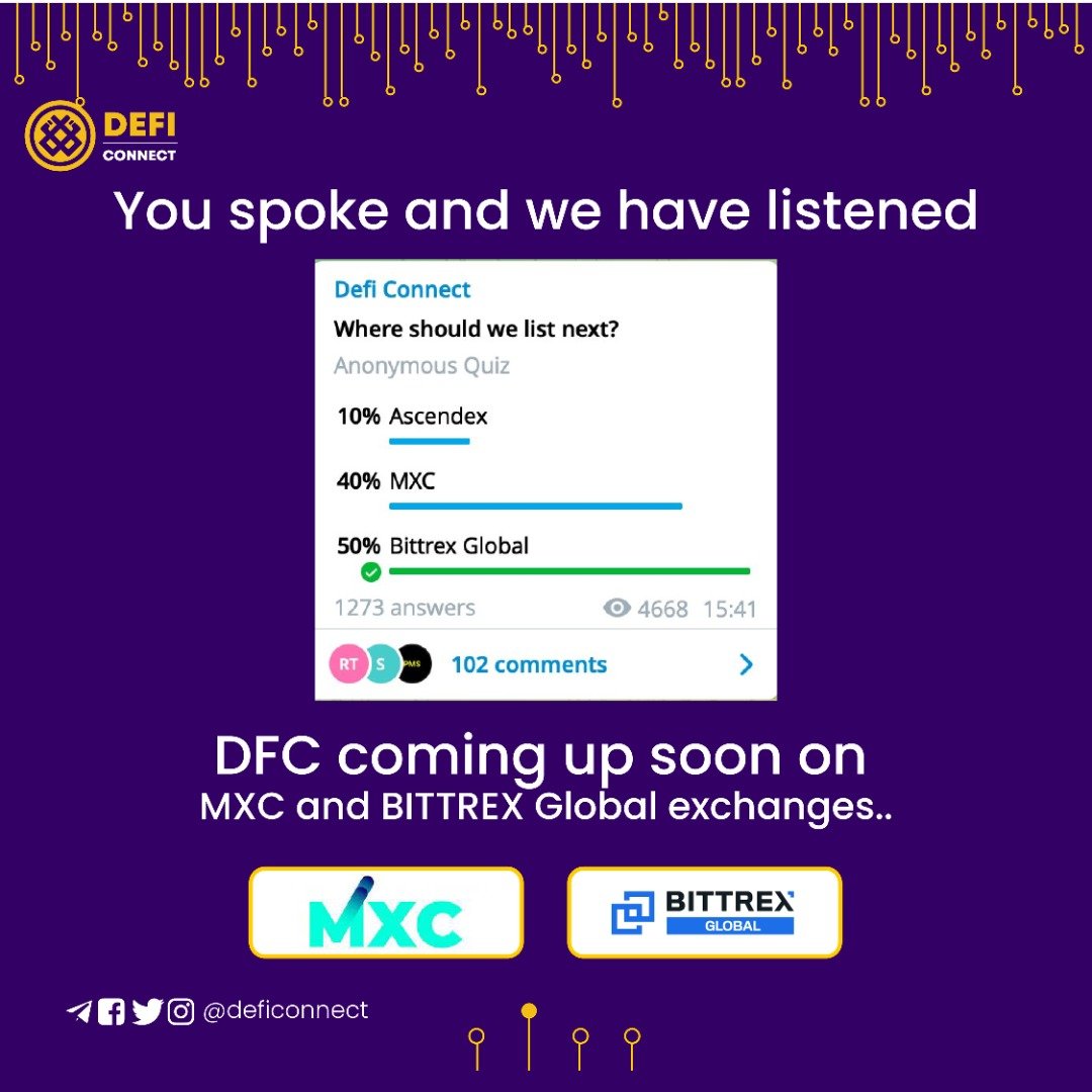 deficonnect's tweet photo. Coming Up soon!

@BitrexGlobal  and @MXC 

#DFC #DFECICONNECT https://t.co/iedBLNcuKf