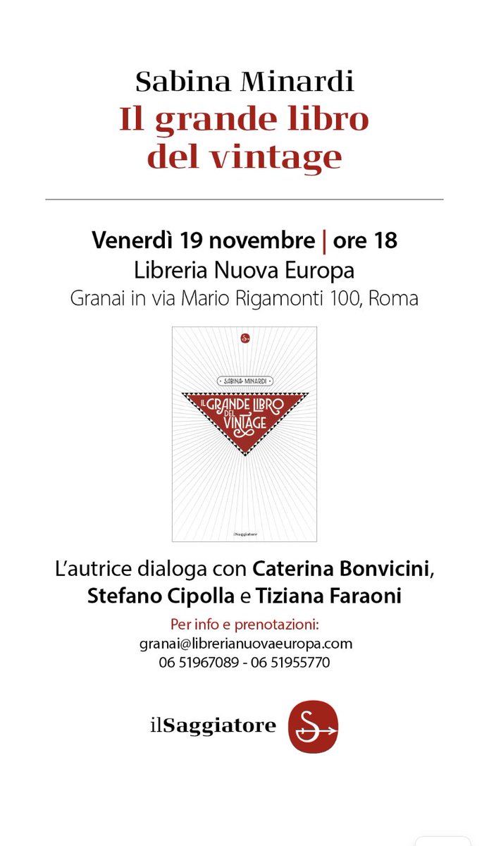 sabinaminardi's tweet photo. #ilgrandelibrodelvintage Domani la prima presentazione Ci vediamo alla @LibreriaGranai con @CaterinaBon e i miei colleghi @stef_cipolla e Tiziana Faraoni Grazie sin d’ora @ilSaggiatoreEd https://t.co/A374axM7ip