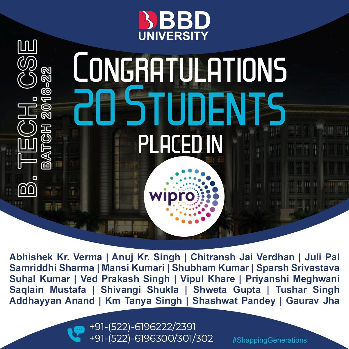 BBD_UNIVERSITY's tweet photo. BBDU Congratulates the students of B. Tech. (CSE) batch 2018-22 who got selected in Wipro.
BBDU wishes all the very best for future endeavours.

#Achievement #placement #bbdu #ShapingGenerations #BBDUplacement #GemsofBBDU #Wipro https://t.co/ReHRYHkhMY