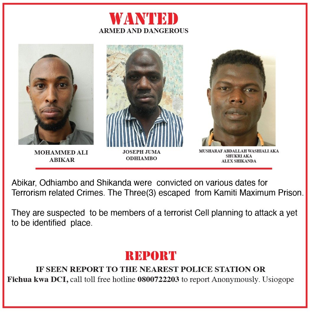 CTP_Kenya's tweet photo. BREAKING NEWS: Dangerous #AlShabaab terrorists who escaped from #Kamiti Prison, 
Mohammed Ali Abikar, Joseph Juma Odhiambo &amp; Musharaf Abdallah Washiali aka Shukri aka Alex Shikanda arrested in #Kitui while enroute to #Somalia.
Community Policing works.
#ActionCountersTerrorism https://t.co/7TPqYVnDm6