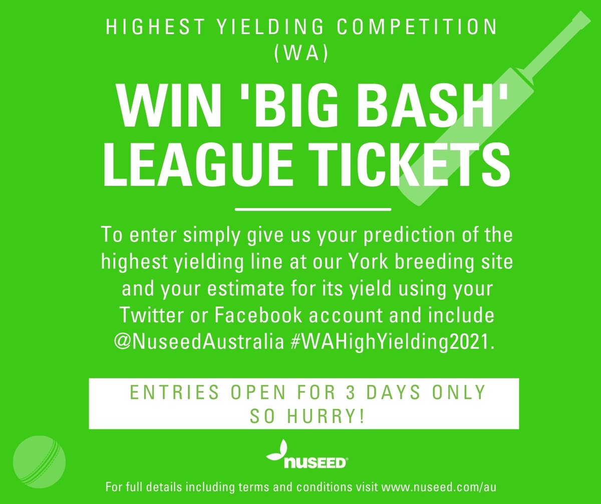 Calling WA Nuseed growers! 2 tickets to Perth Big Bash League match up for grabs. Comp runs 23-25th Nov. Details to come next week. T&amp;C's nuseed.com/au/canola/high…