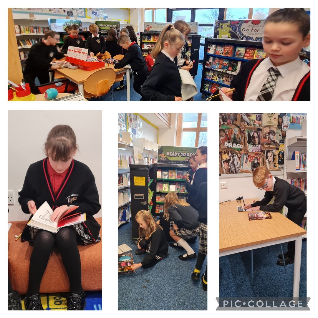 P5 enjoying a relaxing morning in the library choosing books at the Scholastic book fair.