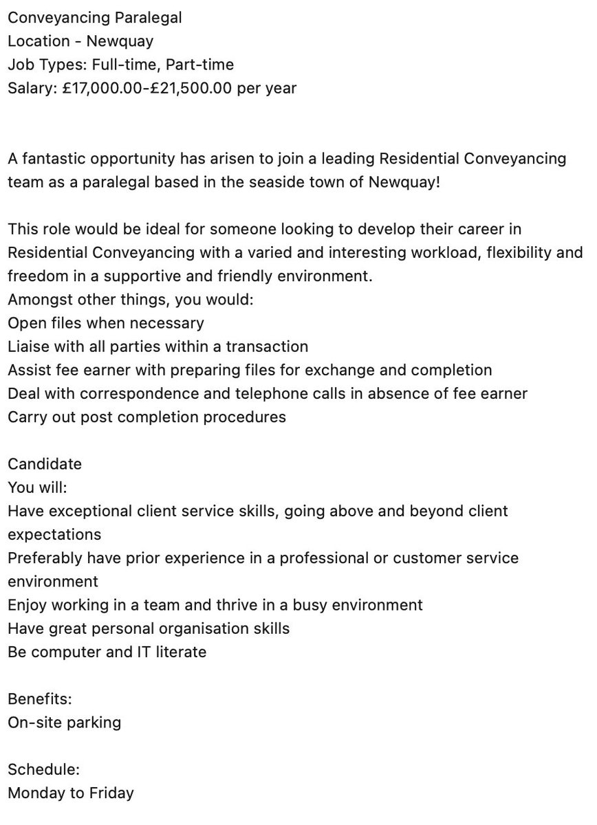 Please send your applications to alex@retainjobs.com or call 07395013672 for more information 

#RetainPeople #RetainingExcellence #LegalJobs #Cornwall #recruitment #paralegal #Job