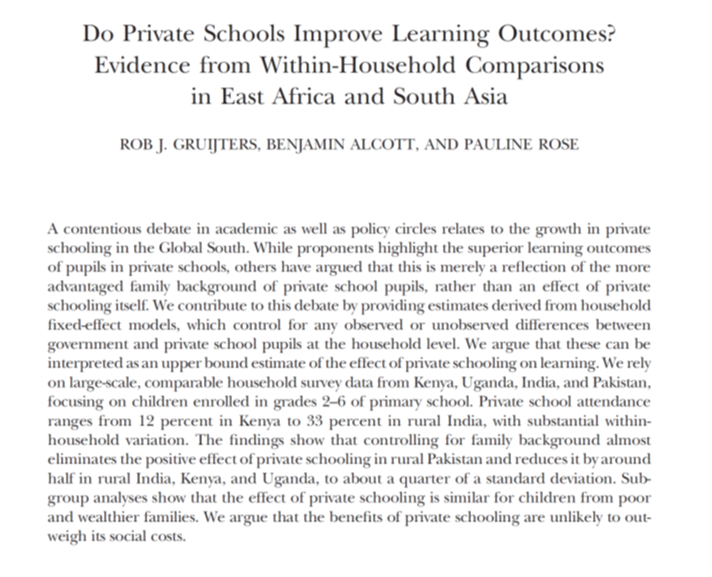 Rob Gruijters (@robgruijters1) on Twitter photo Do private schools improve learning outcomes? Our new study in <a href="/CERJournal/">CERJournal</a> (with <a href="/REAL_Centre/">REALCentre Cambridge</a> colleagues <a href="/PaulineMRose/">Pauline Rose</a> & Ben Alcott) shows that effects sizes are modest at best when fully controlling for family background. Highlights 👇 Full paper: journals.uchicago.edu/doi/10.1086/71… Do private schools improve learning outcomes? Our new study in <a href="/CERJournal/">CERJournal</a> (with <a href="/REAL_Centre/">REALCentre Cambridge</a> colleagues <a href="/PaulineMRose/">Pauline Rose</a> & Ben Alcott) shows that effects sizes are modest at best when fully controlling for family background. Highlights 👇 Full paper: journals.uchicago.edu/doi/10.1086/71…