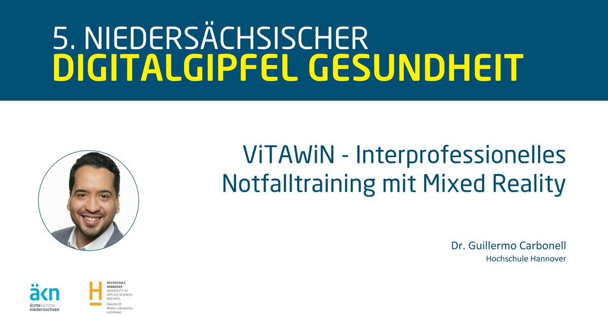 Wie Mixed Reality und interprofessionelles Notfalltraining zusammenpassen? Das erfahren Sie im Vortrag von Dr. rer. nat. Guillermo Carbonell über das Projekt ViTAWIN beim 5. Nds. #DigitalgipfelGesundheit der ÄKN und @HsHannover um 15.30 Uhr. Anmelden unter digitalgipfel-gesundheit.de