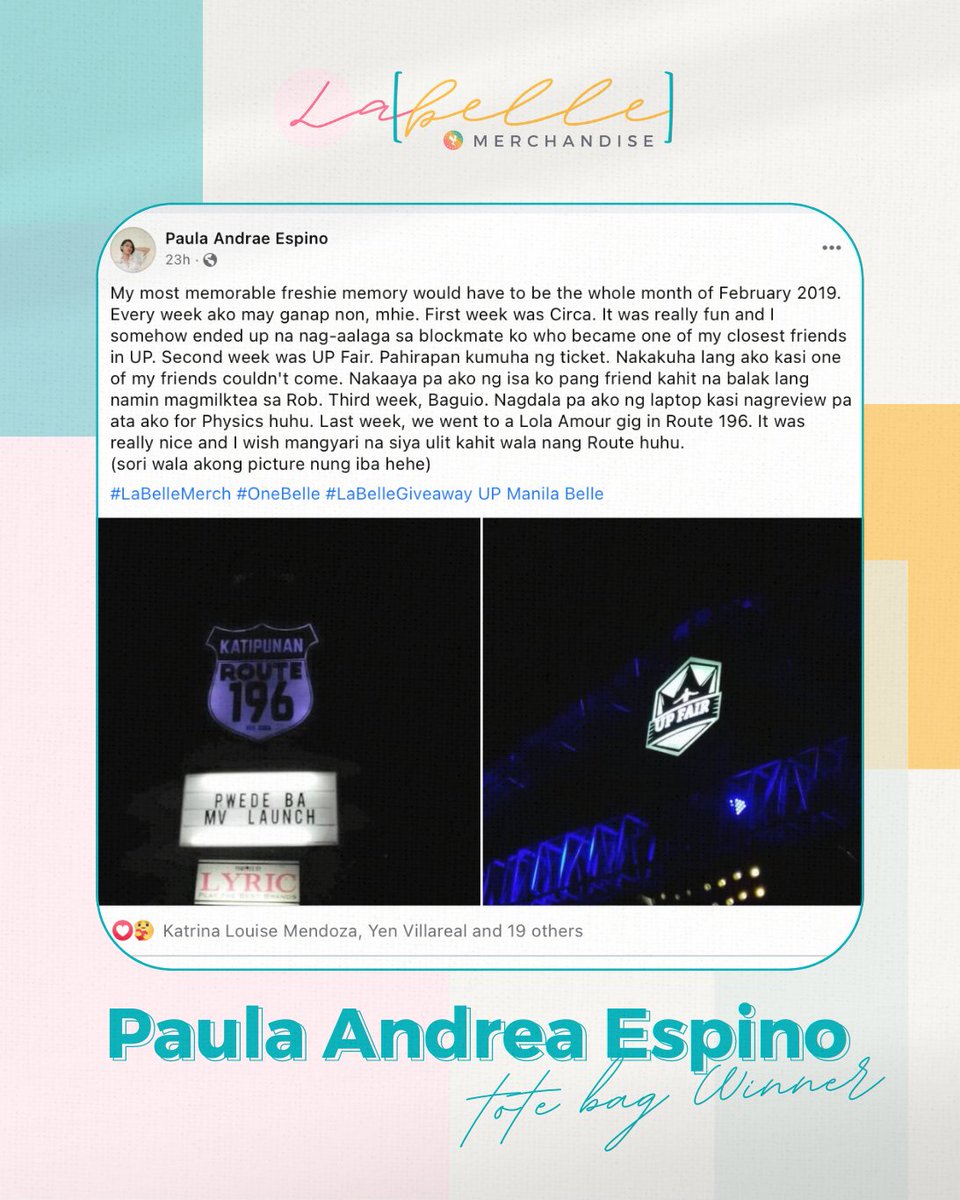 upmanilabelle's tweet photo. UP Manila Belle congratulates the following winners for LaBelle's Giveaway Promo ๐โจ
Shirt Winner: Rica Austial ๐
Tote Bag Winner: Paula Espino ๐
โธบโธบโธบ
Shop now and be a work of art with ๐๐๐๐๐ฅ๐ฅ๐! ๐จ๐ซ
https://t.co/Yus1YUxDM7
#LaBelleMerch #ONEBelle #LaBelleGiveaway https://t.co/nTO2Y0gxcg