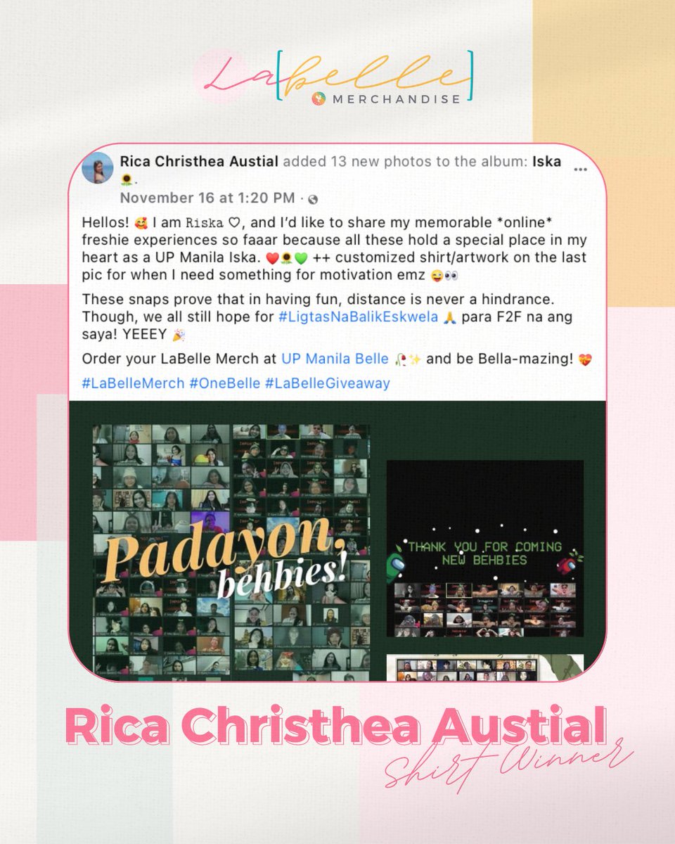 upmanilabelle's tweet photo. UP Manila Belle congratulates the following winners for LaBelle's Giveaway Promo ๐โจ
Shirt Winner: Rica Austial ๐
Tote Bag Winner: Paula Espino ๐
โธบโธบโธบ
Shop now and be a work of art with ๐๐๐๐๐ฅ๐ฅ๐! ๐จ๐ซ
https://t.co/Yus1YUxDM7
#LaBelleMerch #ONEBelle #LaBelleGiveaway https://t.co/nTO2Y0gxcg