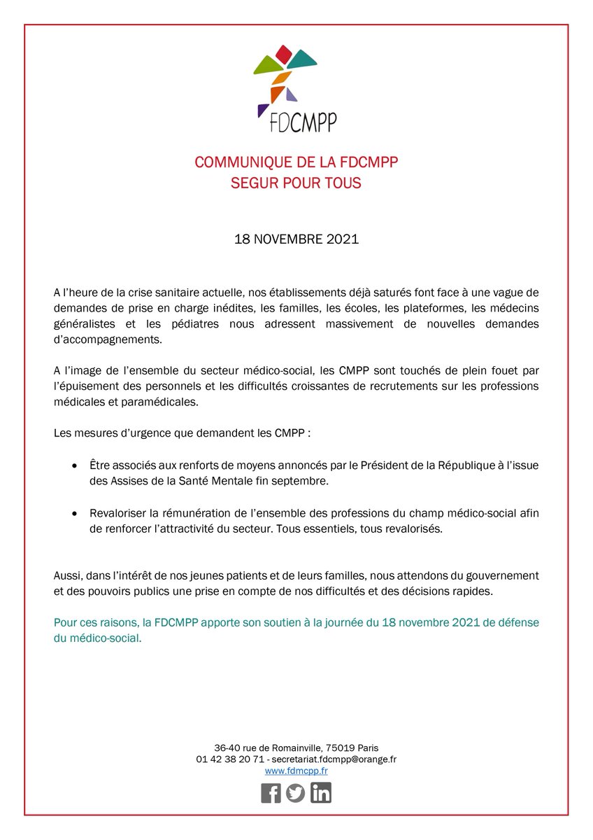 #SegurPourTous La <a href="/FDCMPP/">FDCMPP</a>  soutien pleinement la mobilisation en cette journée du 18 novembre pour la défense du médico-social.