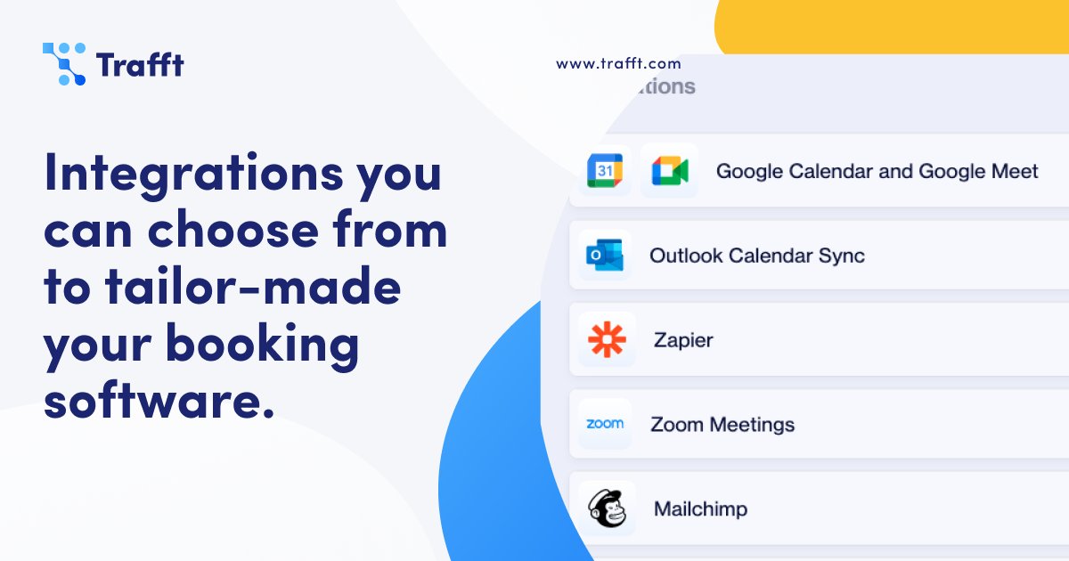 TrafftS's tweet photo. Check out some of our integrations that you can use for your booking platform.
#trafft #saas #software #technology #business #softwareasaservice #entrepreneurship #startups #booking #appointmentbooking #eventbooking #automatedbooking https://t.co/QS3IwKI6jp