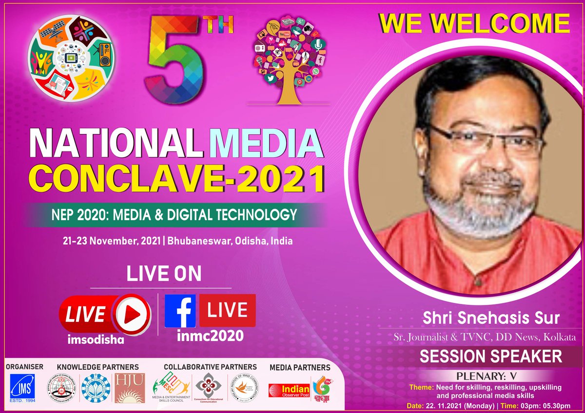 imsnmc's tweet photo. The more we give importance to skill development, the more competent our youths will be. Hear from sr. scribe of @DDNewslive, Kolkata @SnehasisSur at #NMC2021. #PLENARY_SESSION-5: Need for skilling, reskilling, upskilling and professional media skills.
#MediaConclave #IMSOdisha https://t.co/KqOhxk2QK5