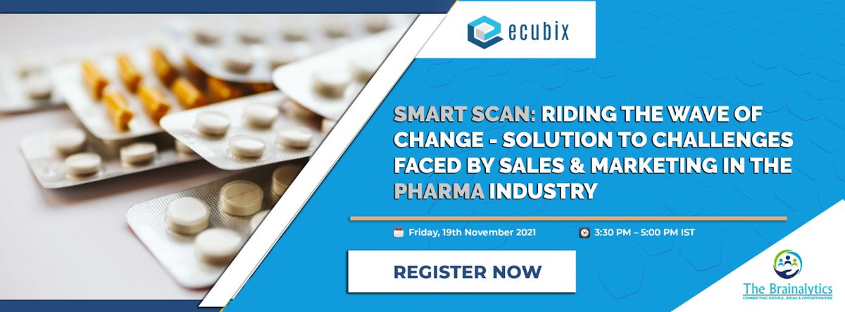 ecubixvcs's tweet photo. Smart Scan Solution: Challenges faced by Sales & Marketing in the Pharma Industry
19th November 2021 || Friday, 3:30 PM – 5:00 PM IST- https://t.co/WNXb235Zuj
#ecubix #SmartScan #pharmaceuticals #secondatysalesdata #digitalsolutions #intelligentsolution #realtimemonitoring #AI https://t.co/IxxOkT22Sk