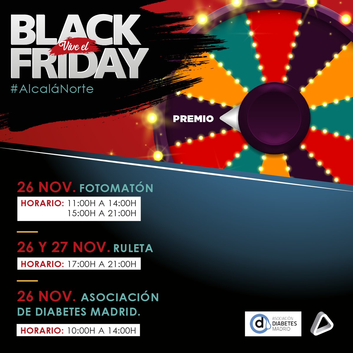 Vive el Black Friday en Alcalá Norte con actividades increíbles: 

➡️ Este 26 y 27 de noviembre disfruta con nuestra RULETA,  diviértete posando en nuestro fotomatón o únete a la venta de juguetes de la mano de la Asociación de Diabetes de Madrid.

 #alcalanorte #blackfriday