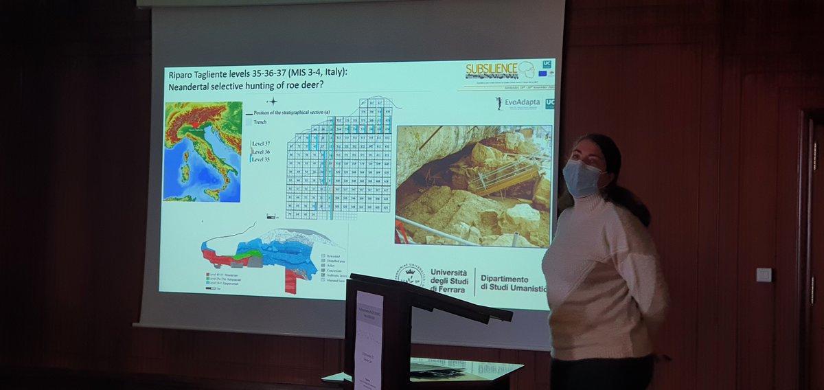 Subsilience's tweet photo. Delphine Vettese presenting the #Neanderthal diet on Riparo #Tagliente. Roe deer for lunch, yummy!!🍗🍖 https://t.co/cP8YgY1Rwt