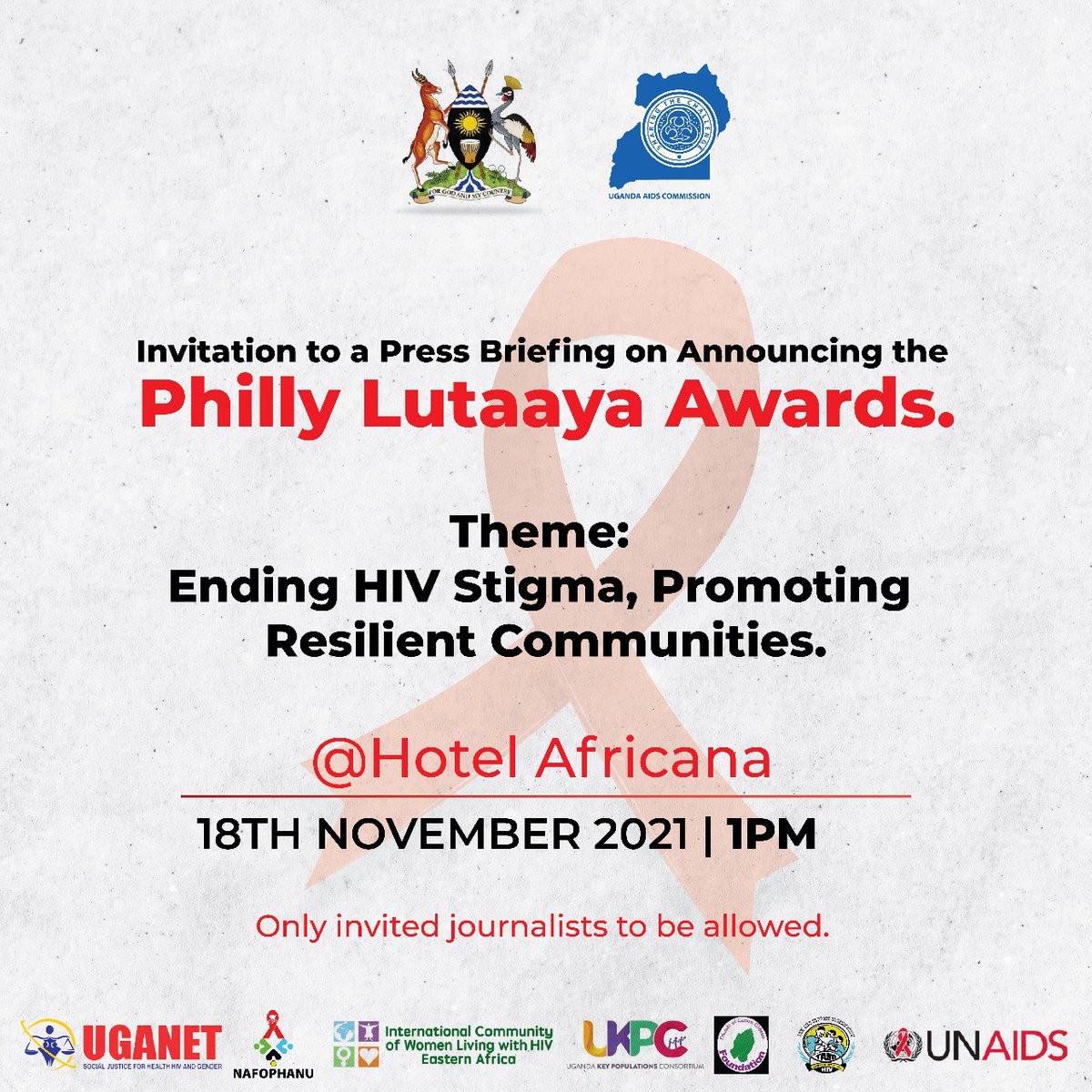 Uganetlaw's tweet photo. HAPPENING NOW

Press Briefing on the Announcement of The Philly Lutaaya Awards 

Theme: Ending HIV Stigma, Promoting Resilient Communities. 

Venue: Hotel Africana 

#PhillyLutaayaAwards
#PhillyLutaayaAwards2021
#UGANET4SocialJustice https://t.co/Yag7d9BvYQ