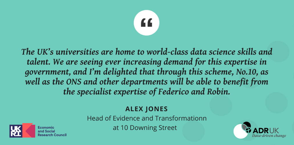 adr_uk's tweet photo. ADR UK & ESRC are pleased to announce the first No.10 Data Science (10DS) Fellows, Robin Lovelace & Federico Botta! They will collaborate with 10DS & ONS to design #research and produce #analysis to inform #policy. Read about the potential of this scheme: https://t.co/k7D6SYXwA8 https://t.co/H07yWh02iJ