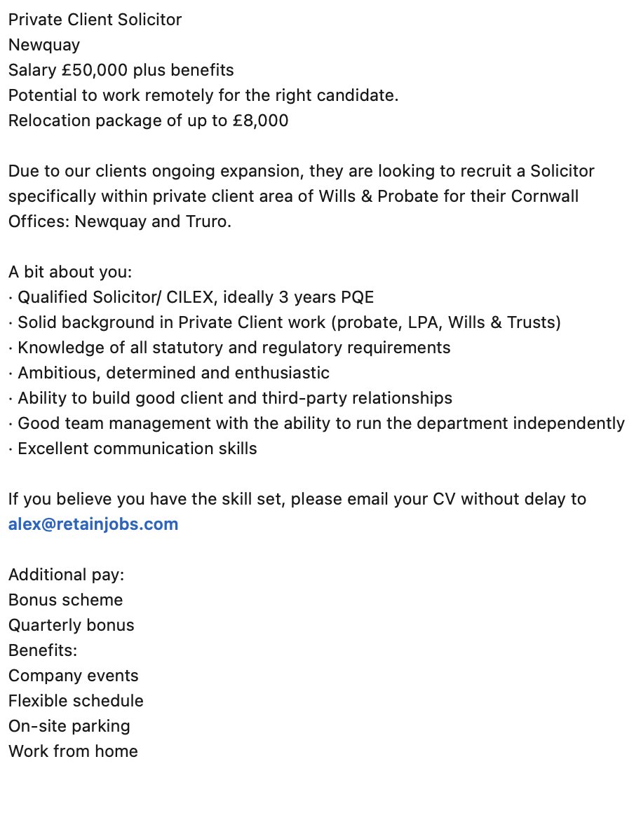 Please send your applications to alex@retainjobs.com or call 07395013672 for more information 

#RetainPeople #RetainExcellence #solicitor #LegalJobs #recruitment #Cornwall #ThursdayThoughts