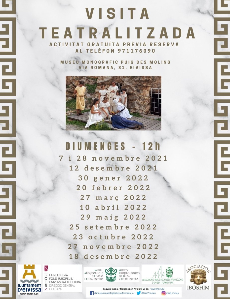 EivissaIbiza's tweet photo. 🎭 Fechas visitas teatralizadas!
Museo Monográfico Puig des Molins, los domingos a las 12h. Actividad gratuita. Reserva previa 971 17 60 90.

#Eivissa2021 #Ibiza2021 #freevisit #visitagratuita #puigdesmolins #dates #fechas #teatro #theatre https://t.co/9oGWAmMd2O