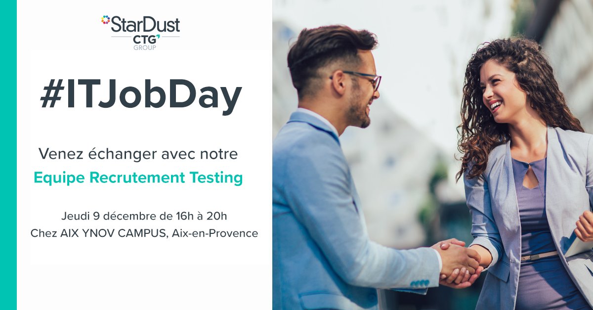 stardust_CTG's tweet photo. [J-21] Notre Equipe Recrutement Testing sera présente à l'ITJobDay ! 

Venez échanger avec nous le 9 décembre de 16h à 20h chez AIX YNOV CAMPUS à Aix-en-Provence. 

Prescrivez-vous ici : https://t.co/aJYQaneTMh

#GPTW #ITJobDay #Recrutement #ChooseYourBoss https://t.co/NP646qPuoJ