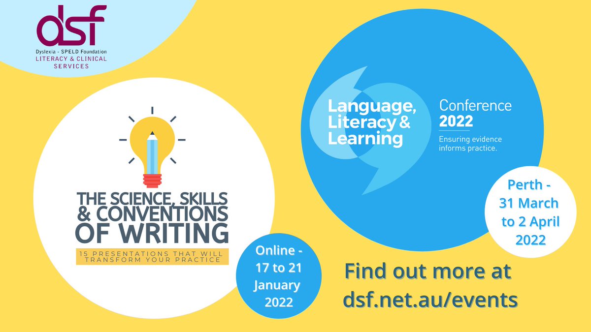 Check out these upcoming PL events!

- The Science, Skills and Conventions of Writing 
This online series of 15 webinars is designed to transform instruction and expand teacher knowledge just in time for the next school year. Book now at  dsf.net.au/our-services/p… 
(1 of 3)