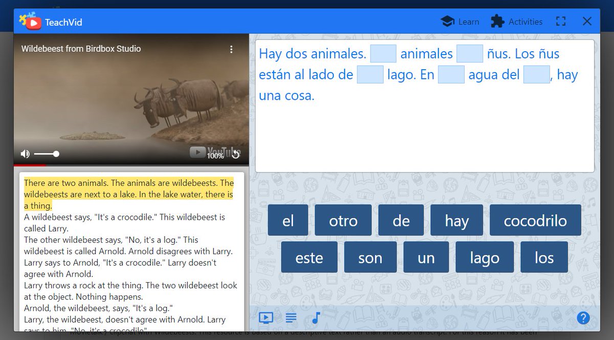 teach_vid's tweet image. 🇪🇸 Wildebeest / Gnus #movietalk
Gap-fill activity
teachvid.com/resource/8BED8…
#ParallelTexts