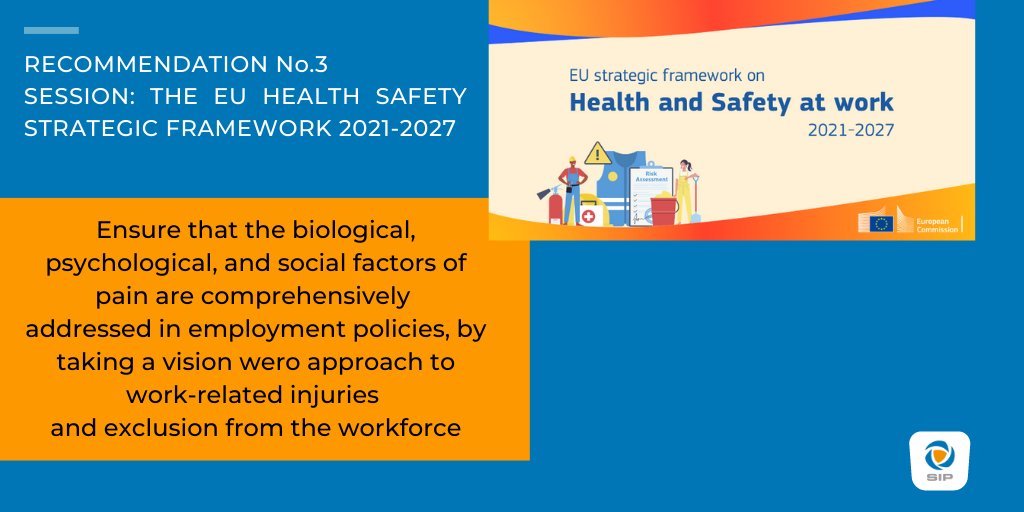 SIP_PainPolicy's tweet image. Recommendation 3 from the #WorkplaceIntegration event - The EU #health and Safety Strategic Framework 2021-2027. Ensure that the biological, psychological, and social factors of pain are comprehensively addressed in #employment policies 👉 bit.ly/3bVfMrj