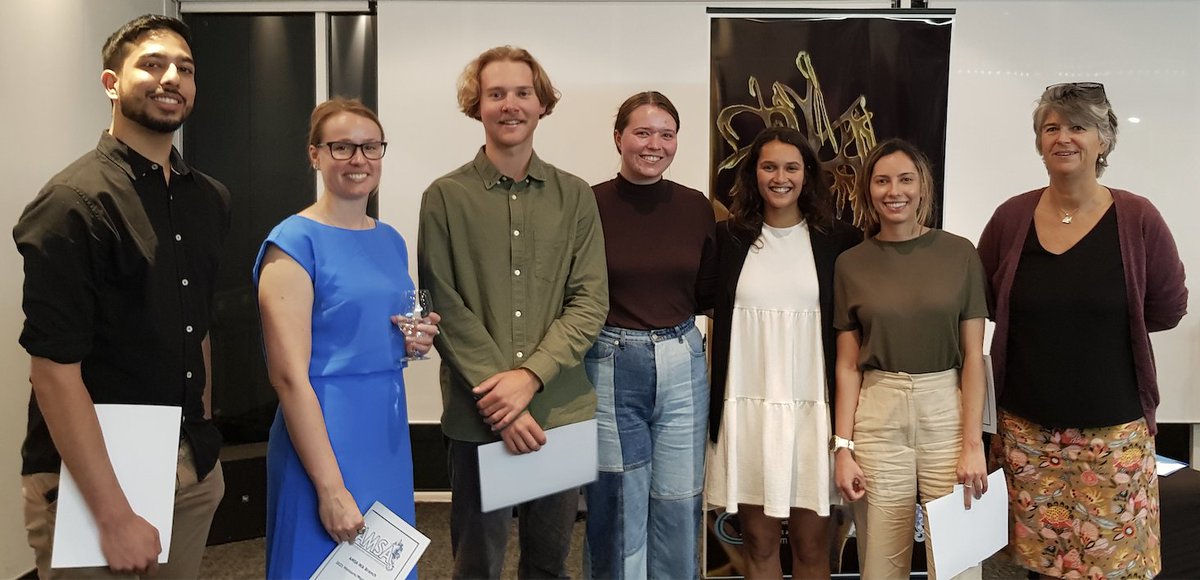 AMSA_wa's tweet photo. Congratulations to all the 2021 student prize night finalists: Varun Gandhi, Danielle Godwin, Rob Hoschke, Rachel Newsome (people’s choice), Alexandra D’Cruz (winner), Hanna Jabour Christ (2nd place) with @AMSA_wa president @Jo27789208 #marinescienceWA https://t.co/eCc0CqIJ9d