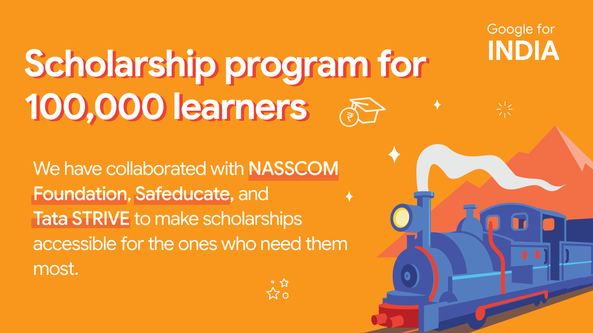 GoogleIndia's tweet photo. To ensure underrepresented learners have access to opportunities in India’s new digital economy, we are collaborating with @NASSCOM foundation, @TataSTRIVE and Safeducate to provide 100K scholarships for Google Career Certificates 🎓

#GoogleForIndia https://t.co/BaKazcP6qX