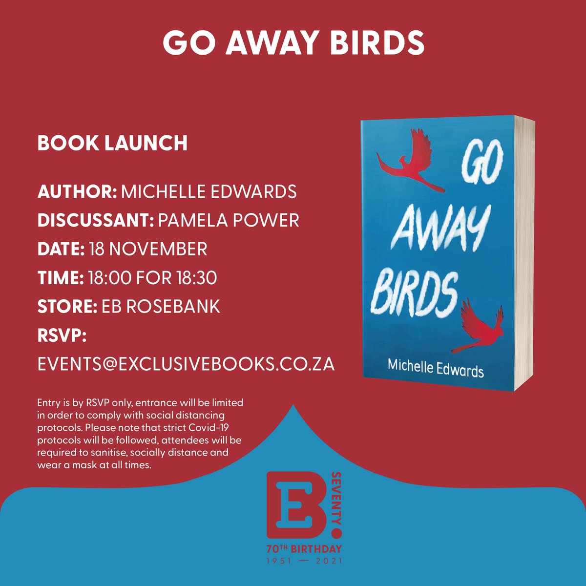 pamelapower's tweet photo. TONIGHT!!
Launch of the gorgeously written #GoAwayBirds by @MicheChelle
@ExclusiveBooks @RosebankMall.
RSVP to events@exclusivebooks.co.za.
See you there!
#newbookalert #booklaunch
#signedbooksmakethebestgifts #readsa https://t.co/sgXDYk9iqK