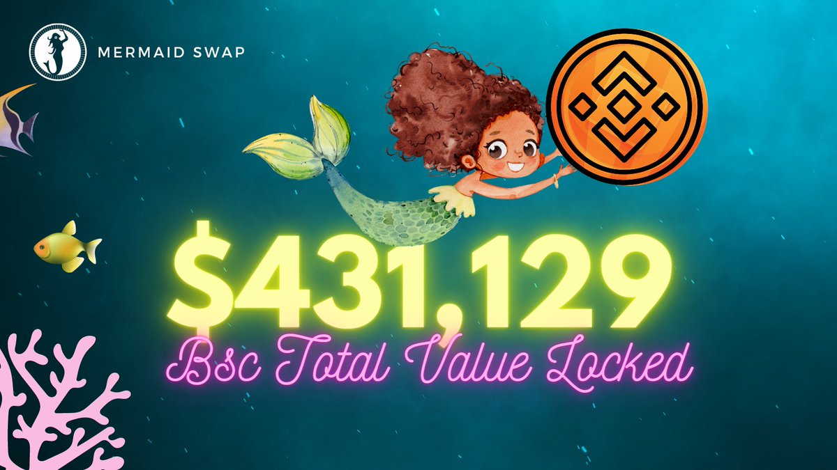 MermaidSwap's tweet photo. Crossed $400K TVL on #BinanceSmartChain. Onwards &amp; Upwards we go. Start farming now on https://t.co/Ff0oer3IC2

#BSC #BSCGem #BSCGems #DeFi #DegenApe #DApps https://t.co/b5iWpJPh5j