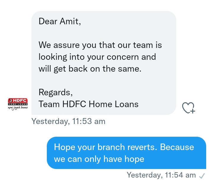 caamitpopat's tweet photo. @HomeLoansByHDFC almost 24 hours gone. Still ni reply to mail nor any call from your side. This prahaldnagr branch is worst. learn to treat customers well @HomeLoansByHDFC https://t.co/QrlH864CZL