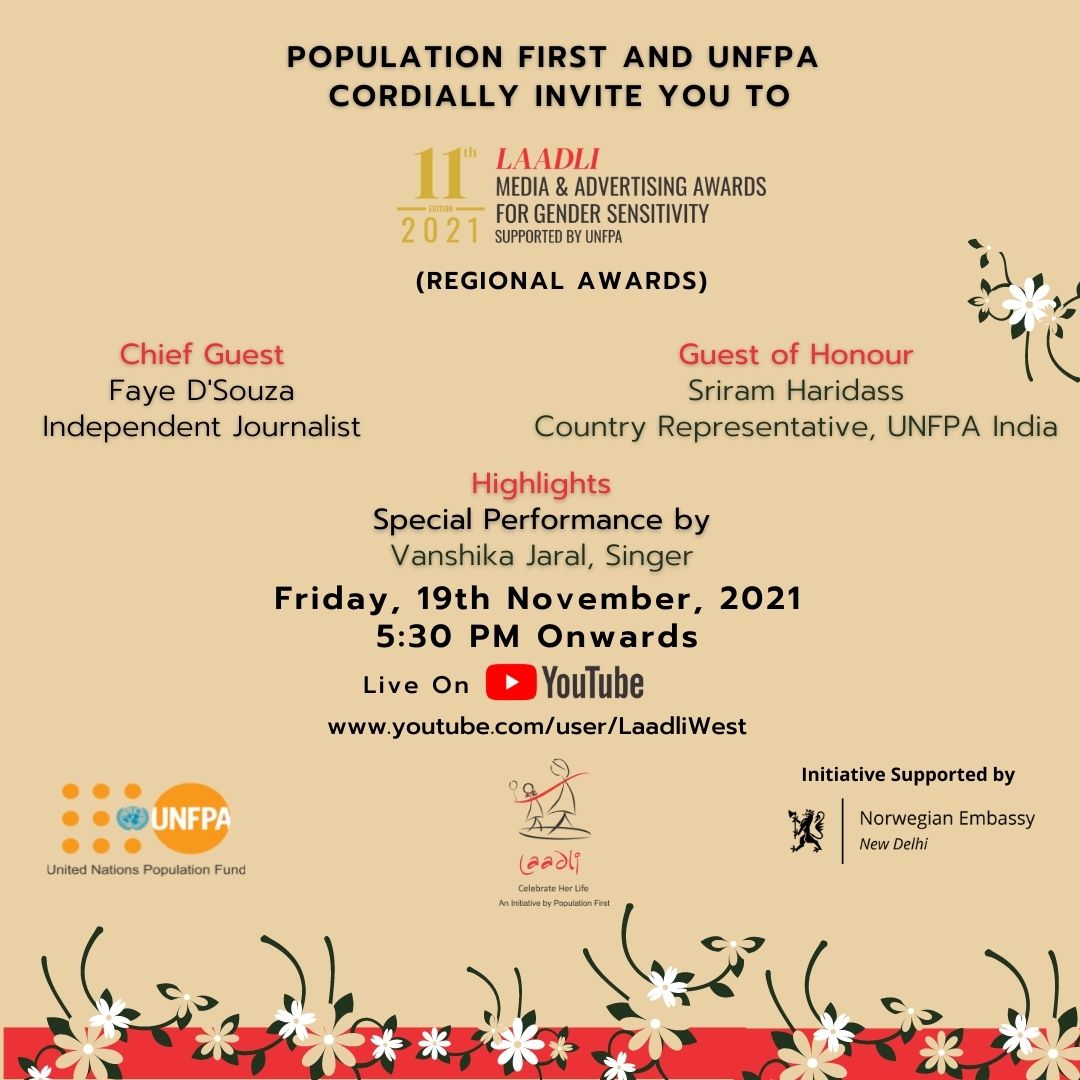UNFPAIndia's tweet photo. Set your reminders!⏰

Join us for the 11th Edition of the #Laadli Media &amp; Advertising Awards for Gender Sensitivity (Regional), supported by @UNFPA🇮🇳 &amp; @norwayinindia!

#LIVE on https://t.co/iRtfhLik7O

🗓️19th Nov 2021 (Friday)
🕠5:30 PM (IST)

Don't forget to tune in!

#LMAAGS https://t.co/OAdXVVgfW0