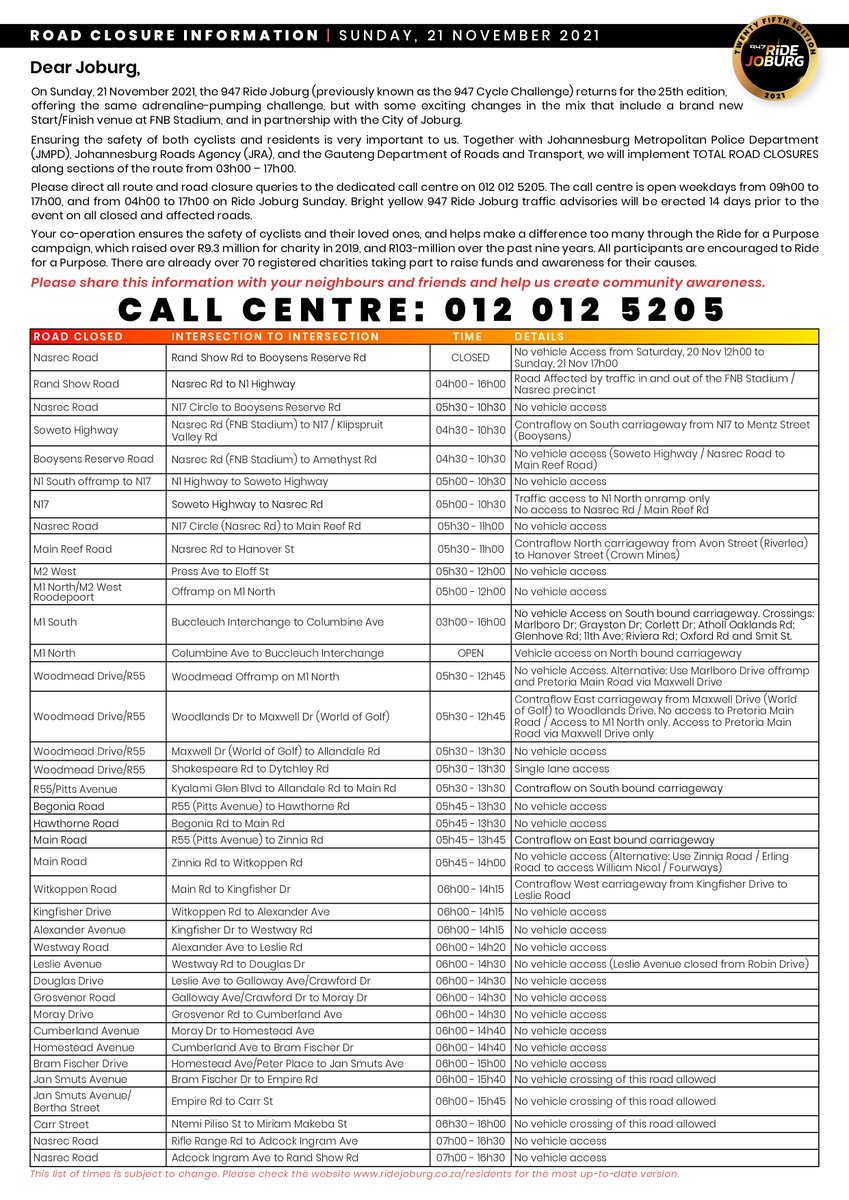 CityofJoburgZA's tweet photo. ROAD CLOSURES| 21 NOV (SUNDAY): Cyclists will be painting Jozi red this coming Sunday, take note of the road closures and alternative routes #947RideJoburg #JoburgRoadSafety #JhbTraffic ^NS https://t.co/VQ2BWYtO3S